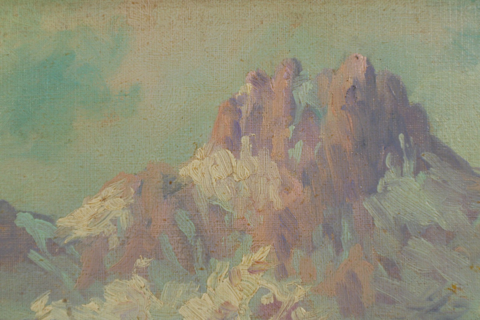 Antique Gem Snow Capped Mountain Lake Small Landscape Oil Painting Unsigned