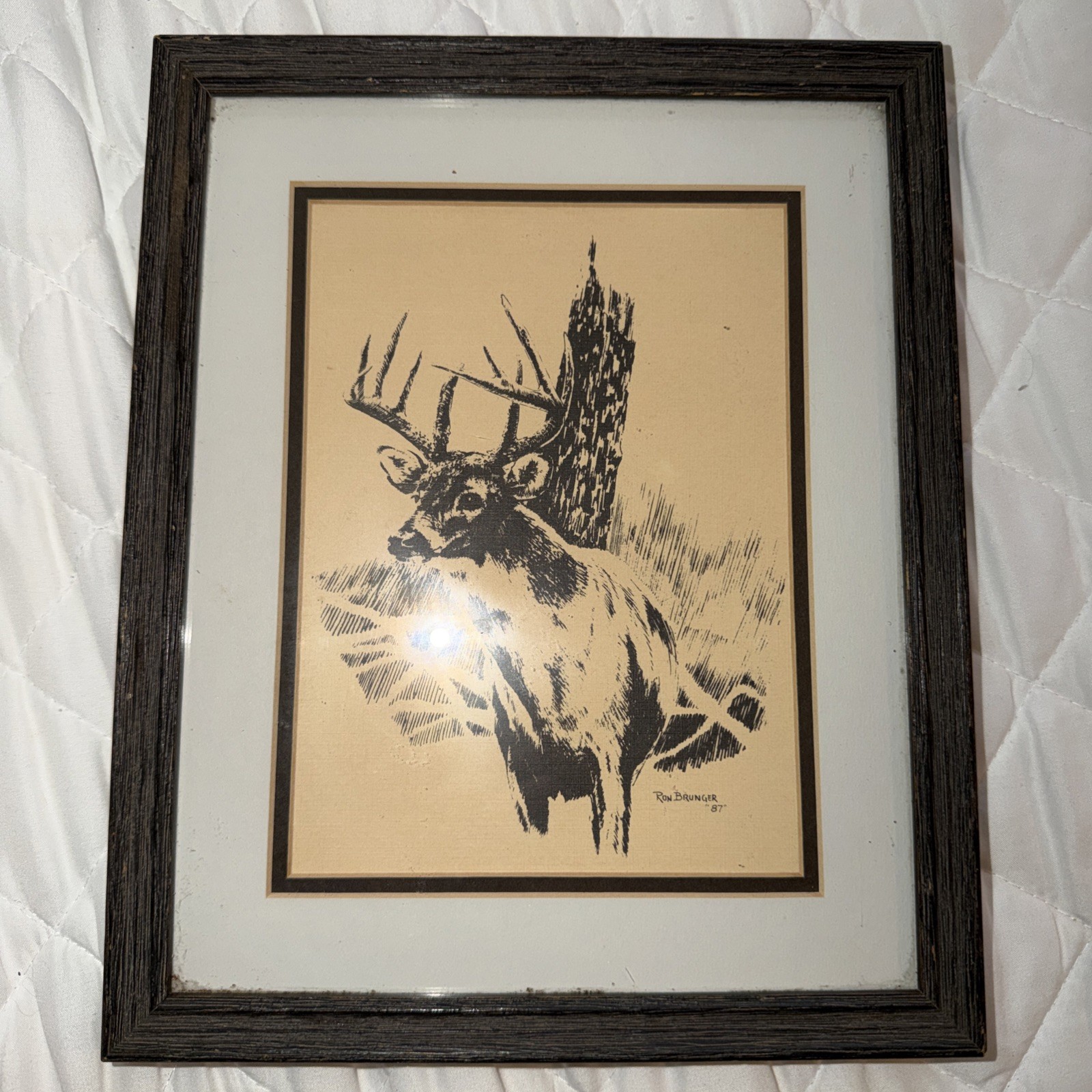 Vintage 1987 Ron Brunger Signed Whitetail Deer Print Framed Rustic Cabin Lodge