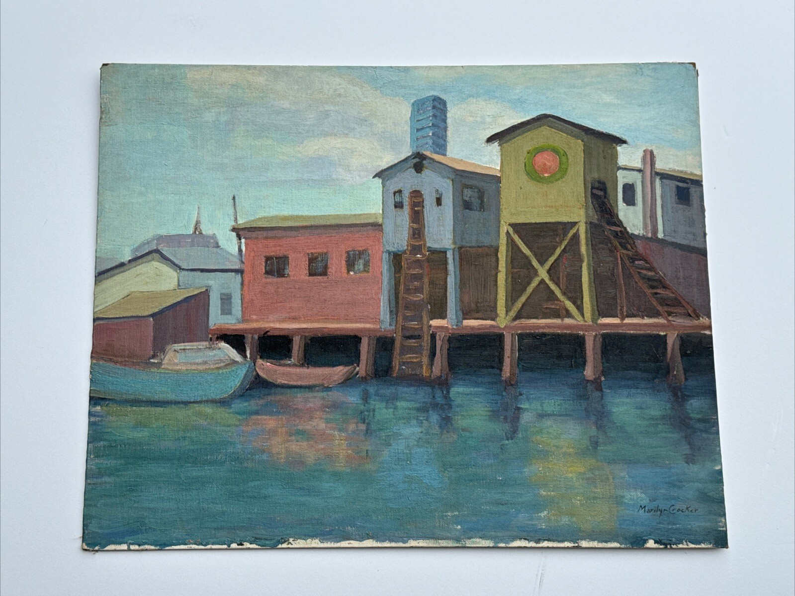 MARILYN CROCKER PAINTING NAUTICAL MARINA LANDSCAPE PUPIL OF SAM HYDE HARRIS