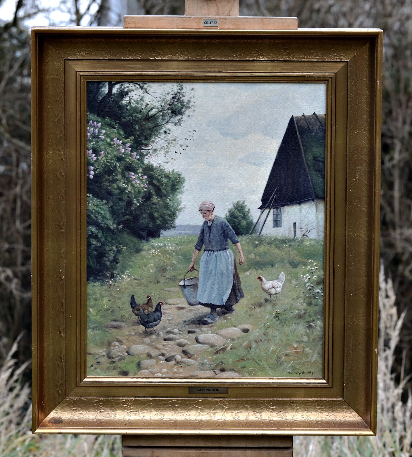 Niels Walseth Signed Oil on Canvas Framed Landscape With Woman and Bucket