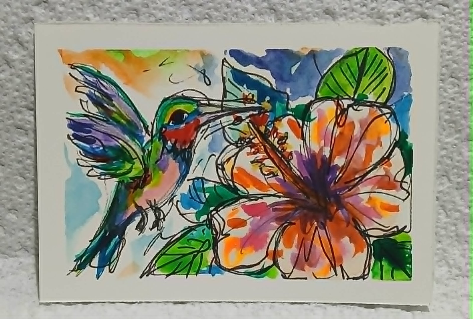 OOAK Hummingbird & Hibiscus ACEO — Loose Watercolor Scribble Style by Virginia