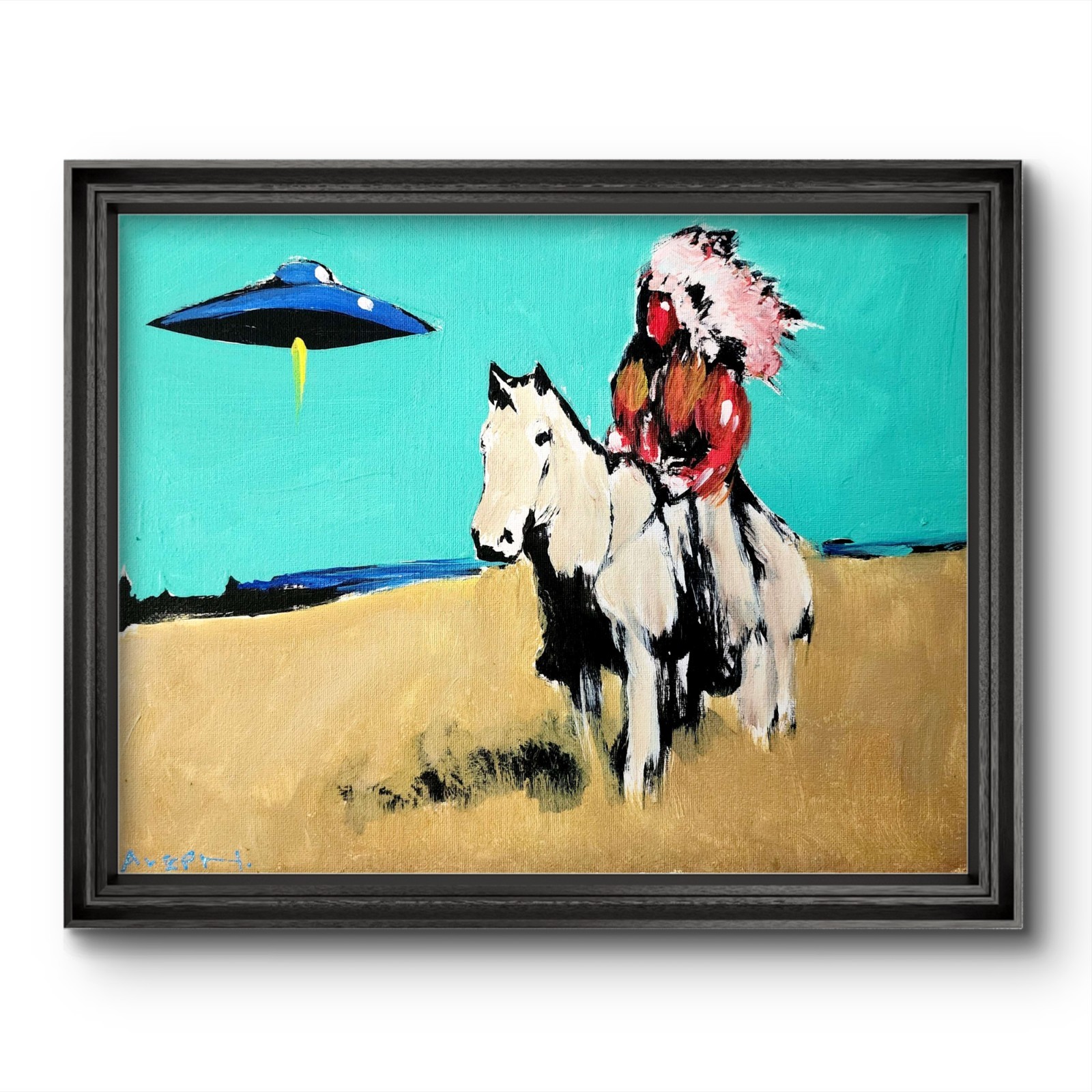 Aleph Hand Painted 11×14 Ufo Indian Art Acrylic Canvas Living Room Wall Decor