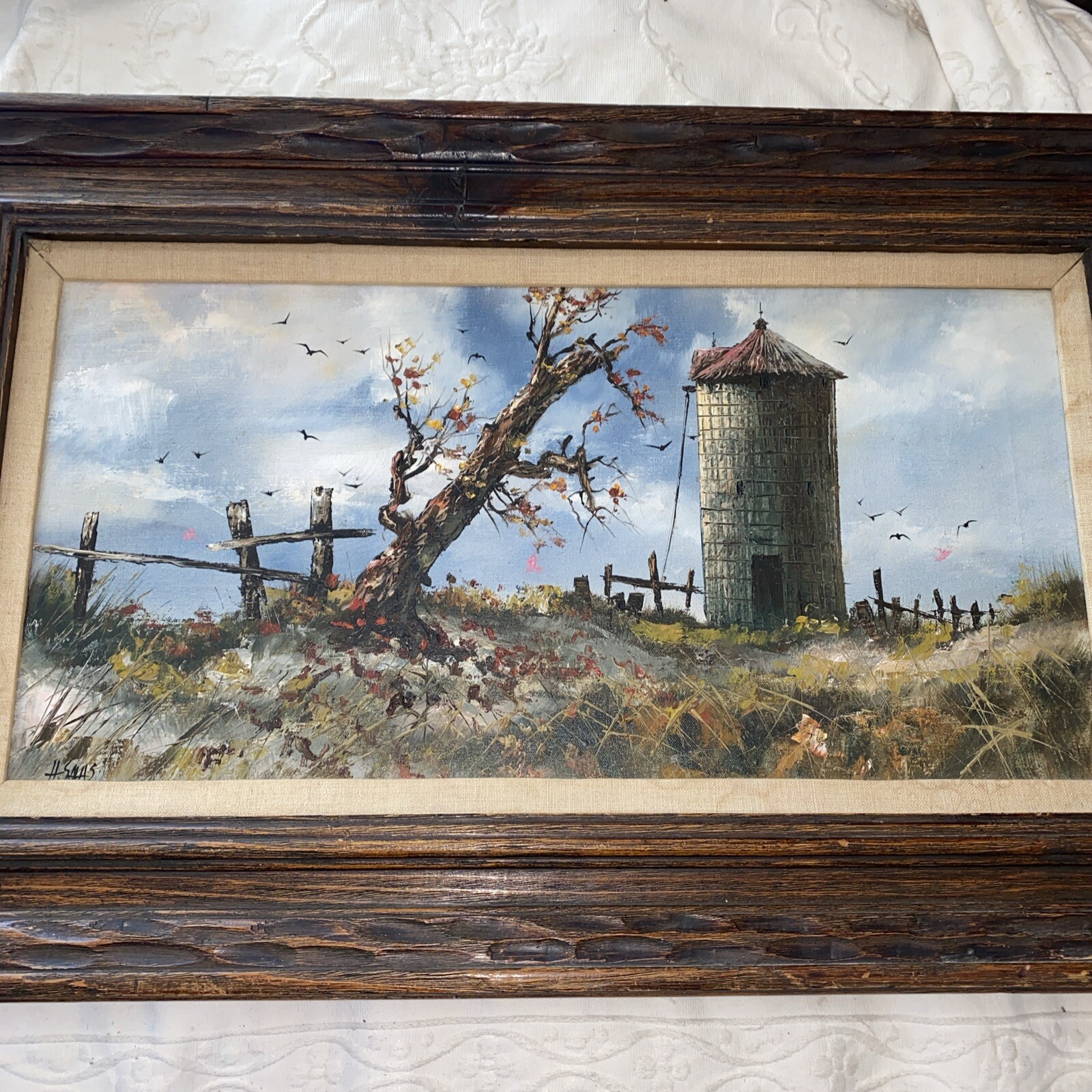 Hector Salas Signed Oil On Canvas Farm Solid Wood Frame Silo 32”x20” Vintage