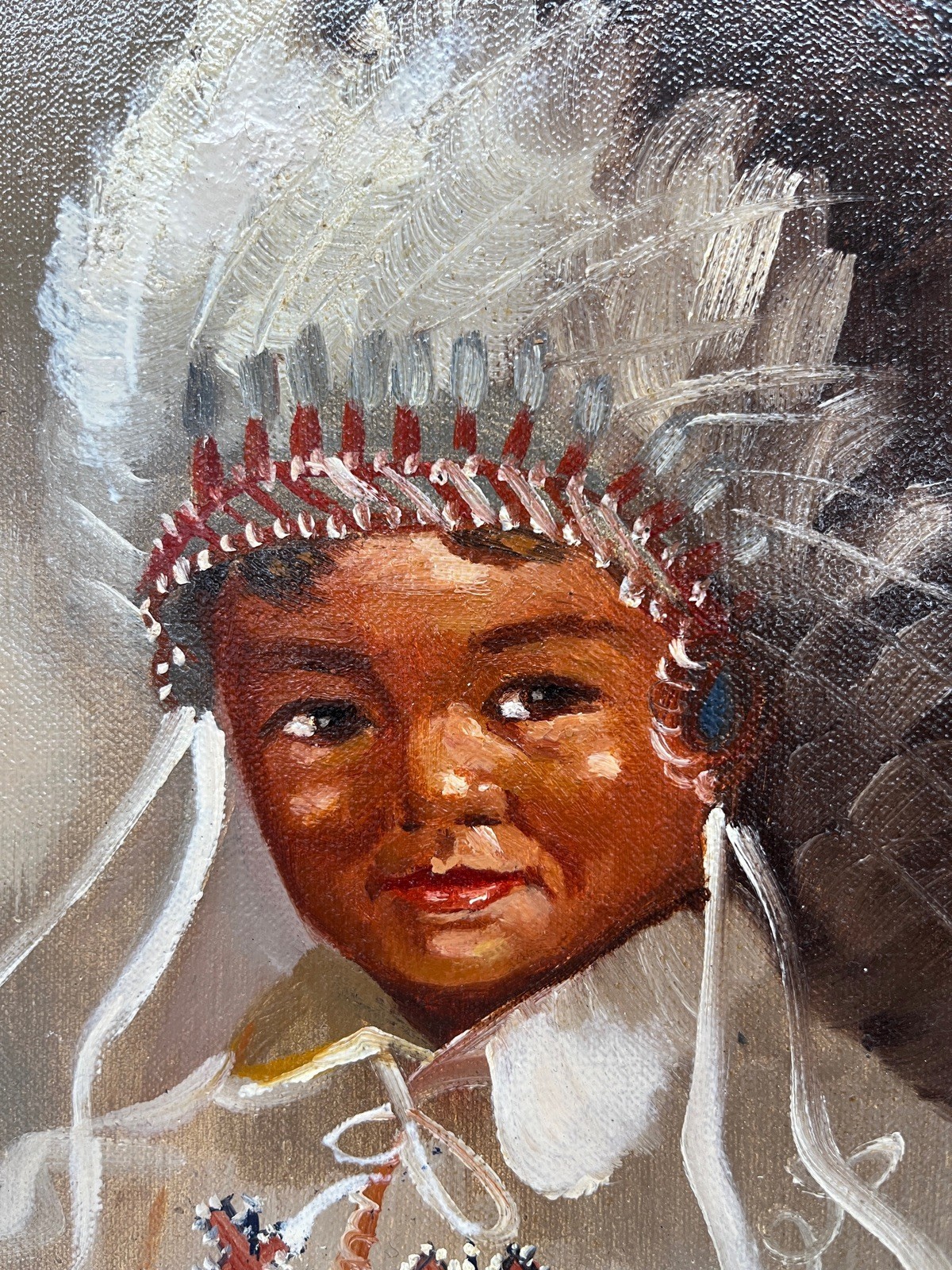 Vtg Original Native American Indian Boy in Headdress Canvas Oil Painting -Stone