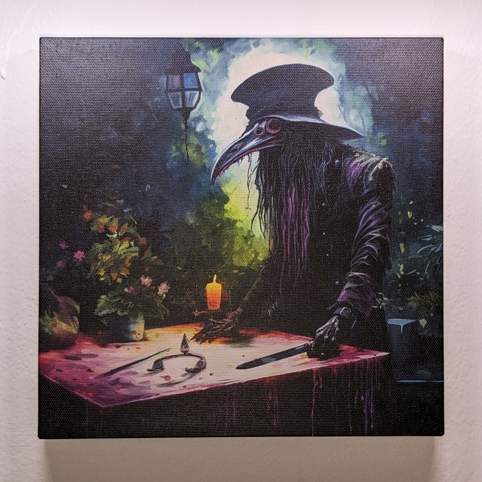 Stylized painting/print of a Plague Doctor in a garden, 8×8 inch stick-on canvas