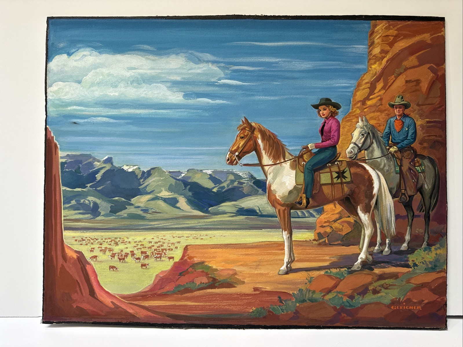 ANTIQUE COWBOY COWGIRL PAINTING CANYON LANDSCAPE FARM COWS CATTLE ILLUSTRATION