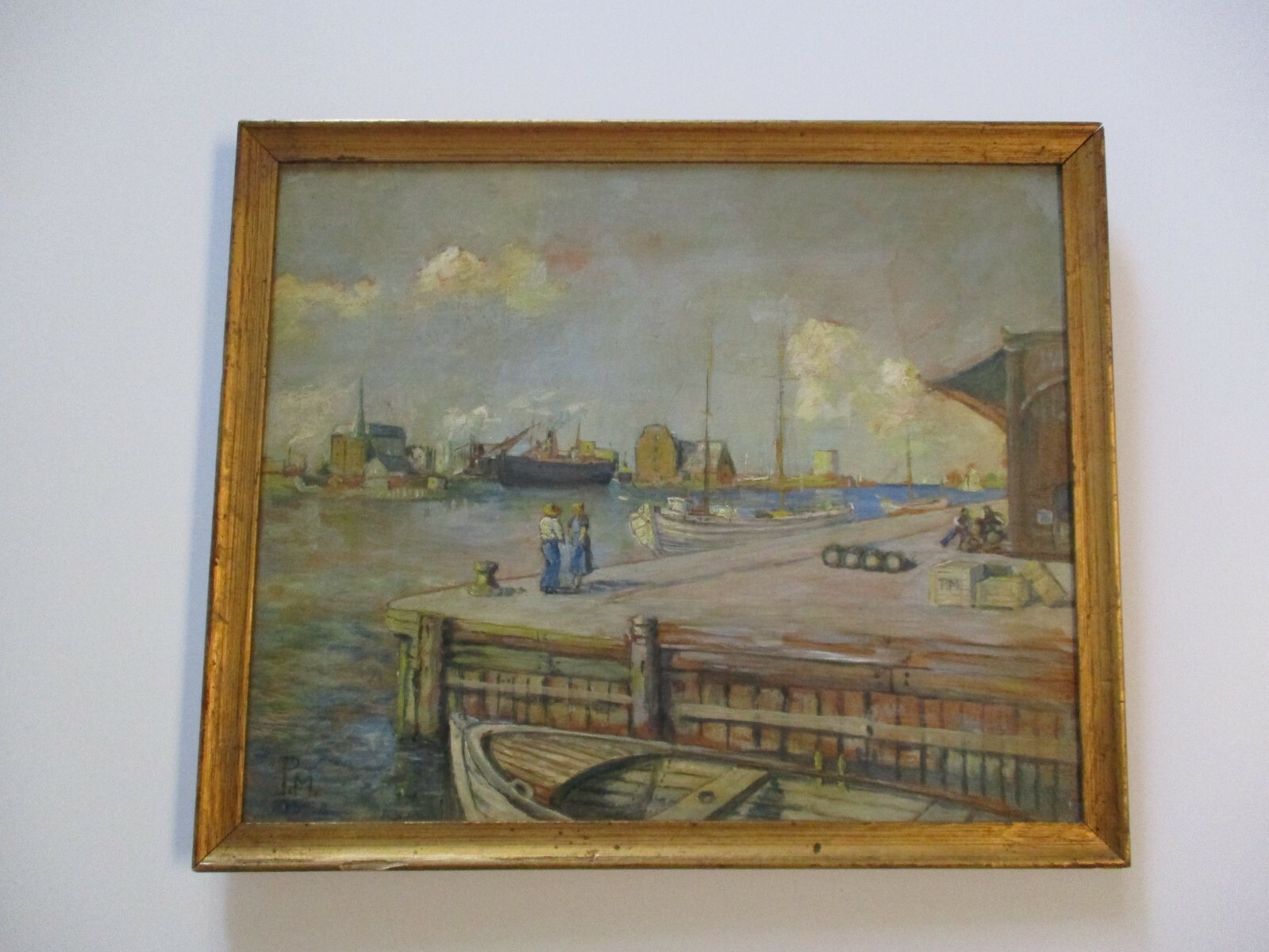ANTIQUE IMPRESSIONIST PAINTING REGIONALISM NAUTICAL PORT MARINA INDUSTRIAL BOAT