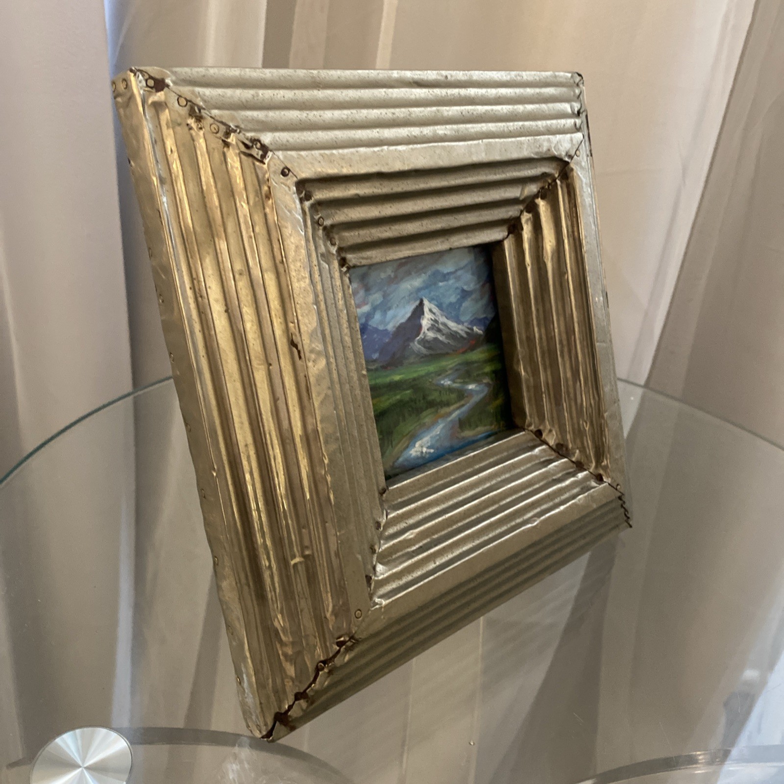 Vntg Small Landscape Painting Original Mountain River Handmade Metal Frame