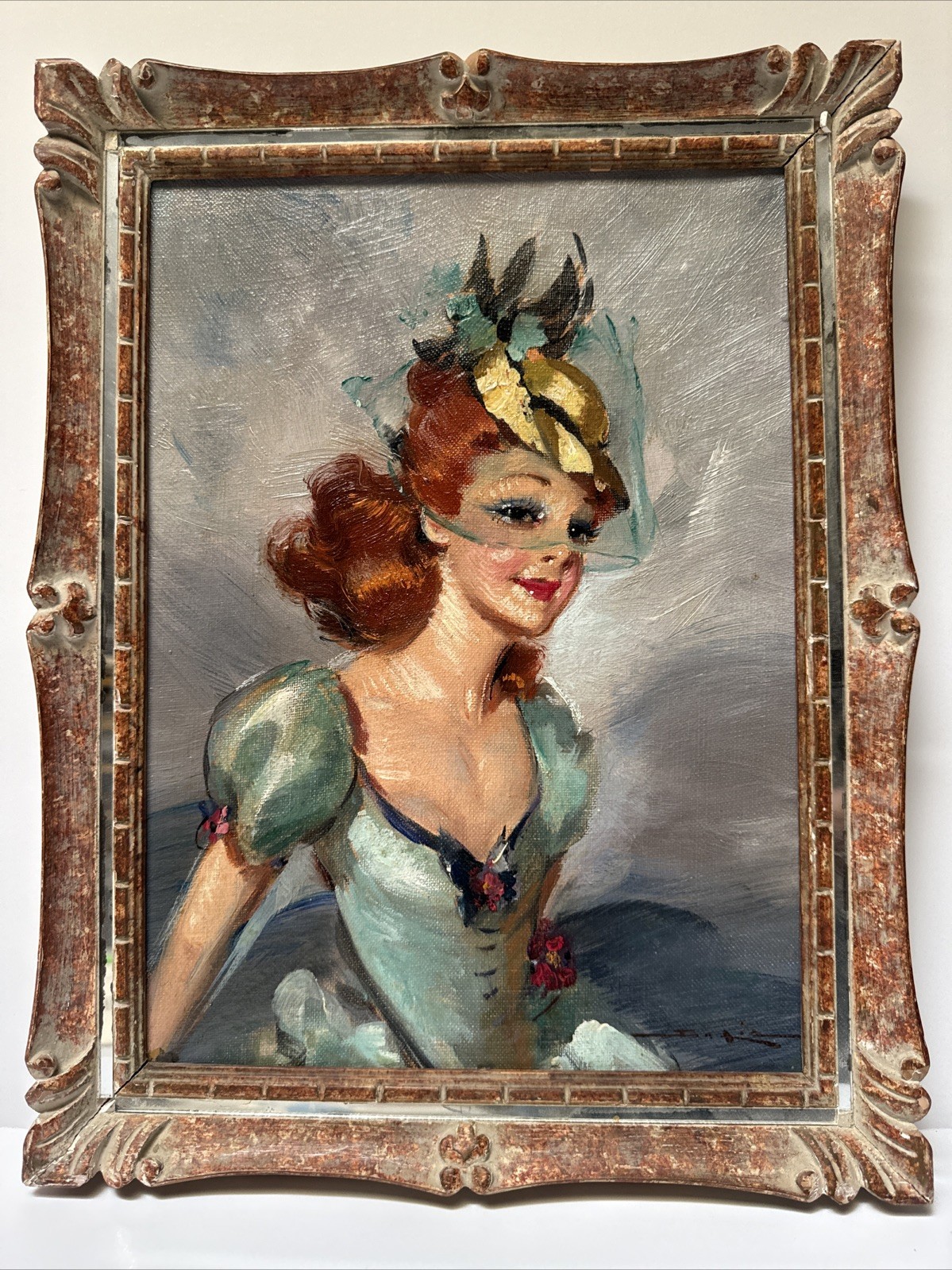 ANTIQUE PAINTING PRETTY WOMAN Female Model Mid Century Listed Small Gem Oil