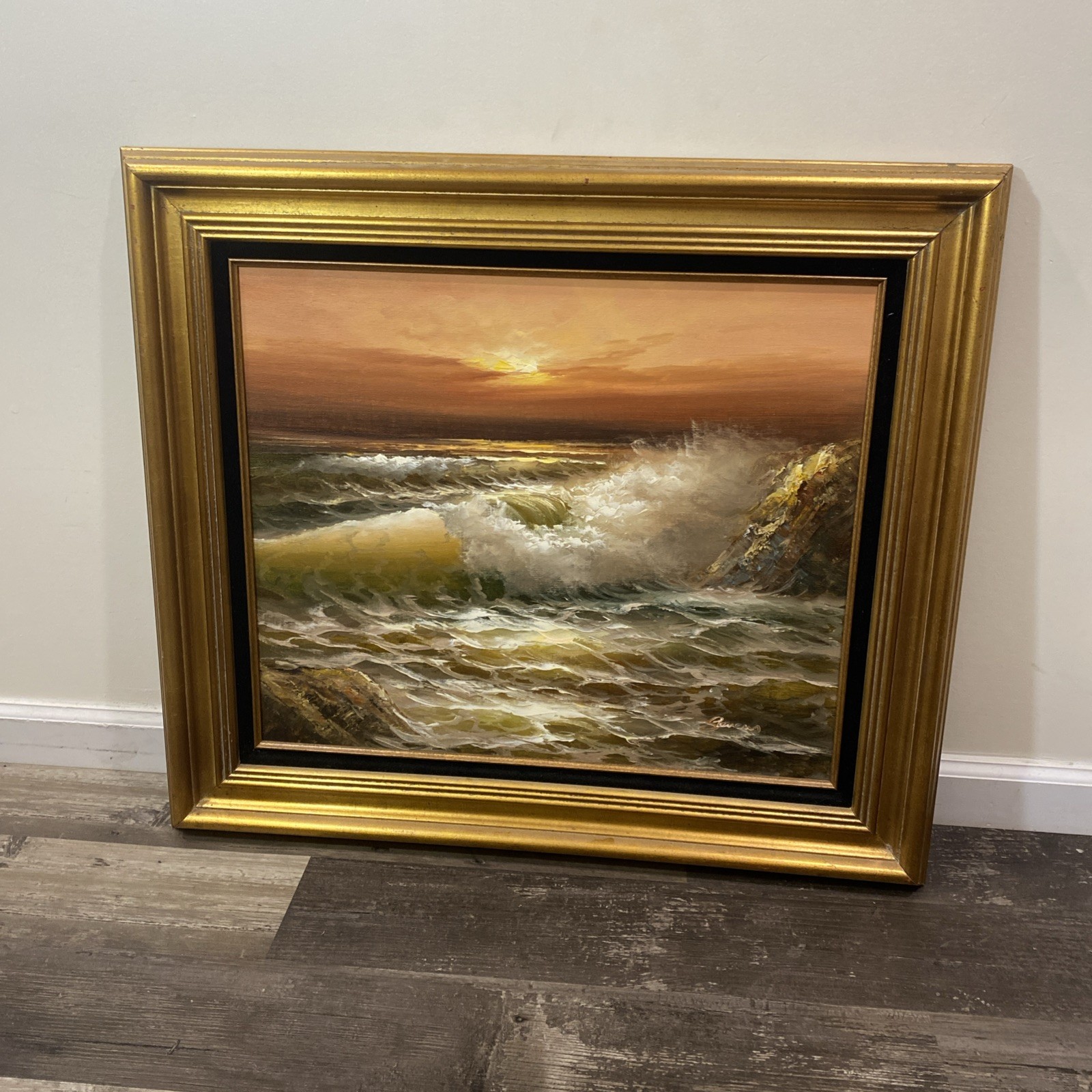 Ocean Waves Sunset Seascape Oil Painting By Jerome Stevens Signed Framed 24”x20”