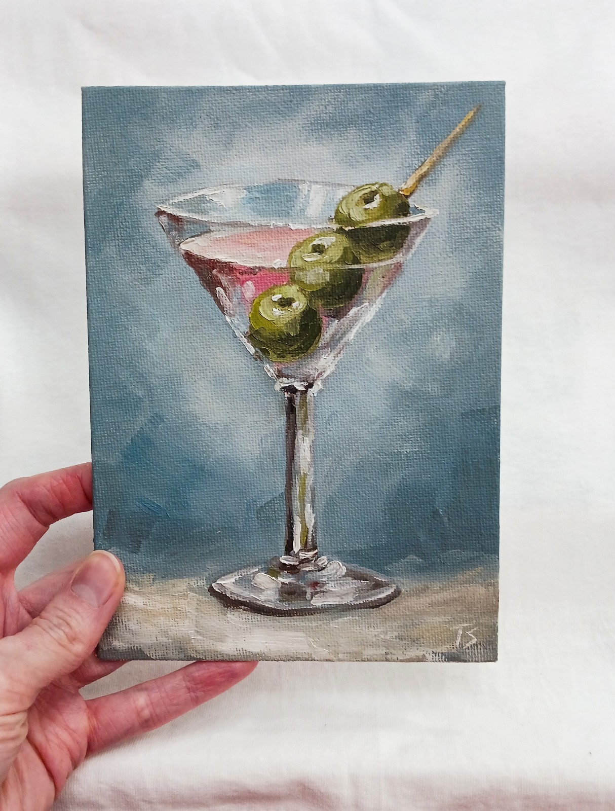 ORIGINAL Oil Painting Impressionism Martini Glass with Olives Cocktail 5″ x 7″
