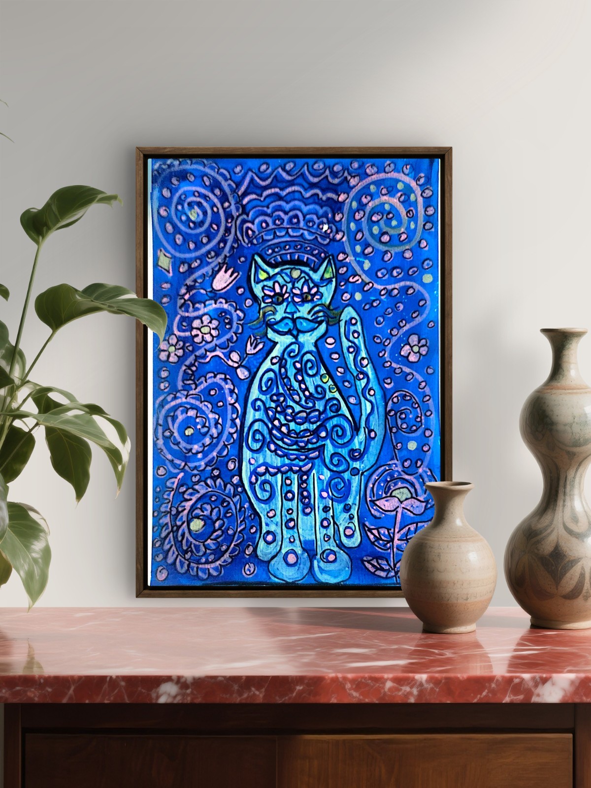 Mystical Cat Contemporary Expressionist Original Art Acrylic On Paper 9×6 Signed
