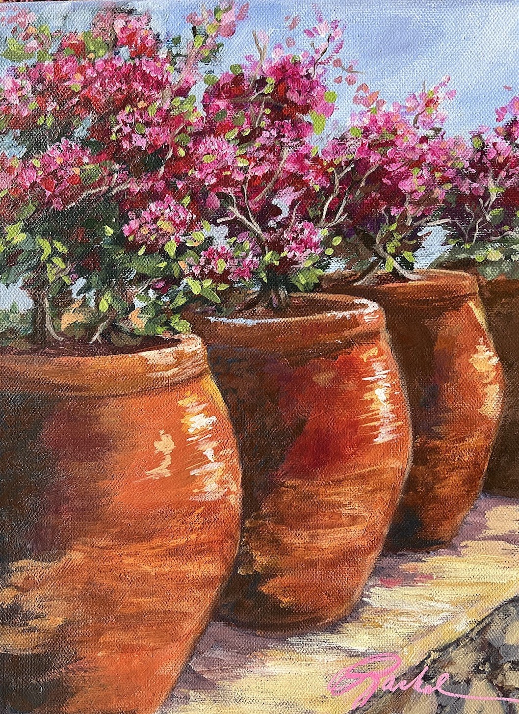 9×12 Signed Original Pink Flowers In Clay Pots Painting On Canvas Home Decor