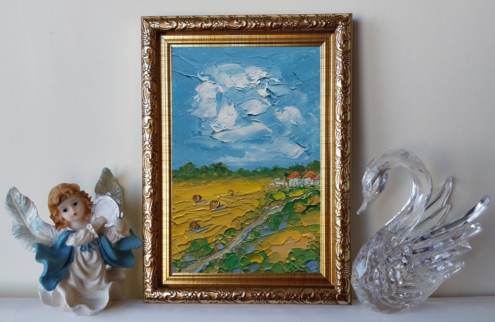 Framed Countryside Farmhouse Landscape Hay Bales Field 4×6 Original Oil Painting