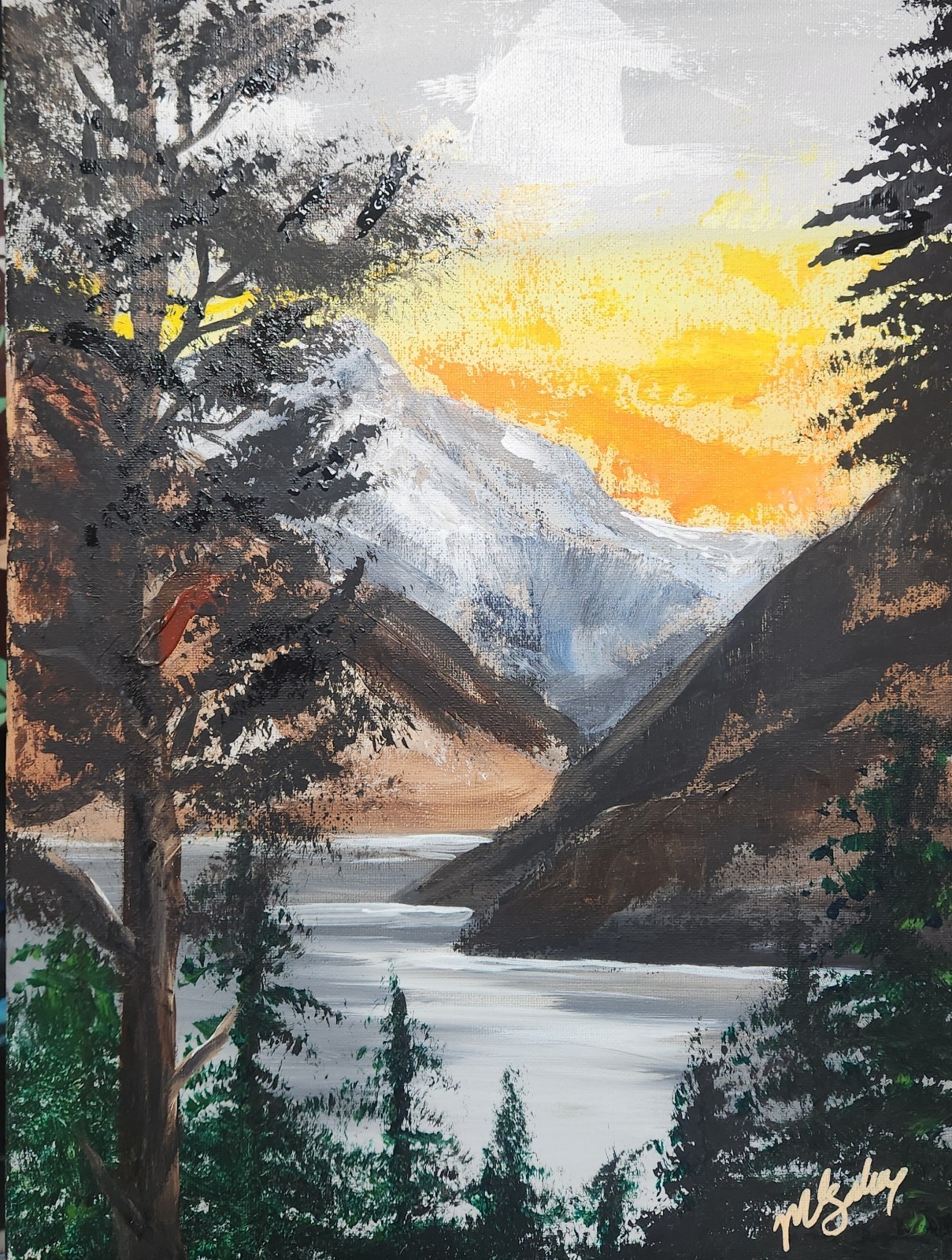 Mountain Sunset Painting Original Lake Landscape Wall Art by M Isaksen