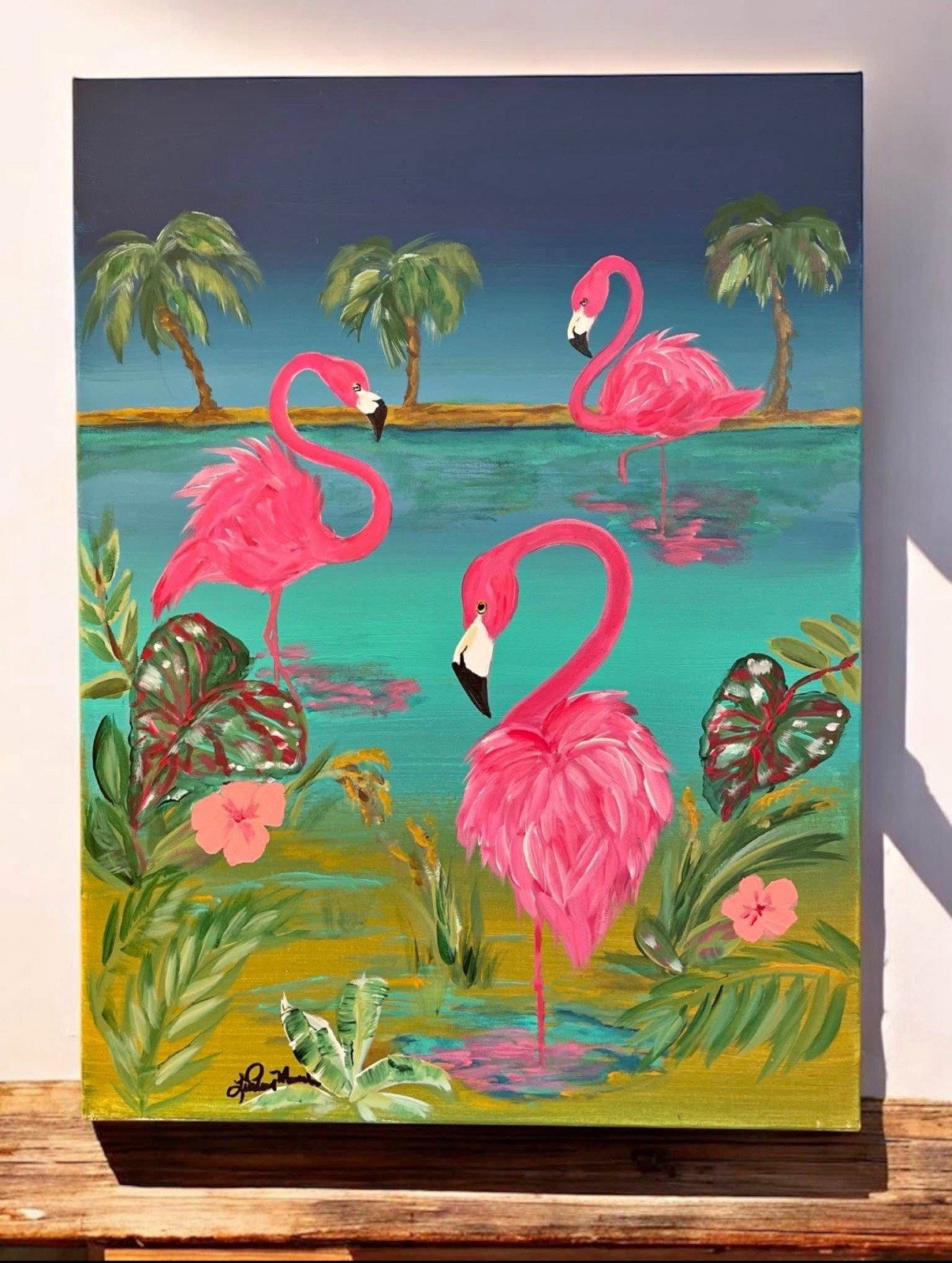 ORIGINAL Flamingo Seascape beach painting by artist, on 18”x 24” canvas