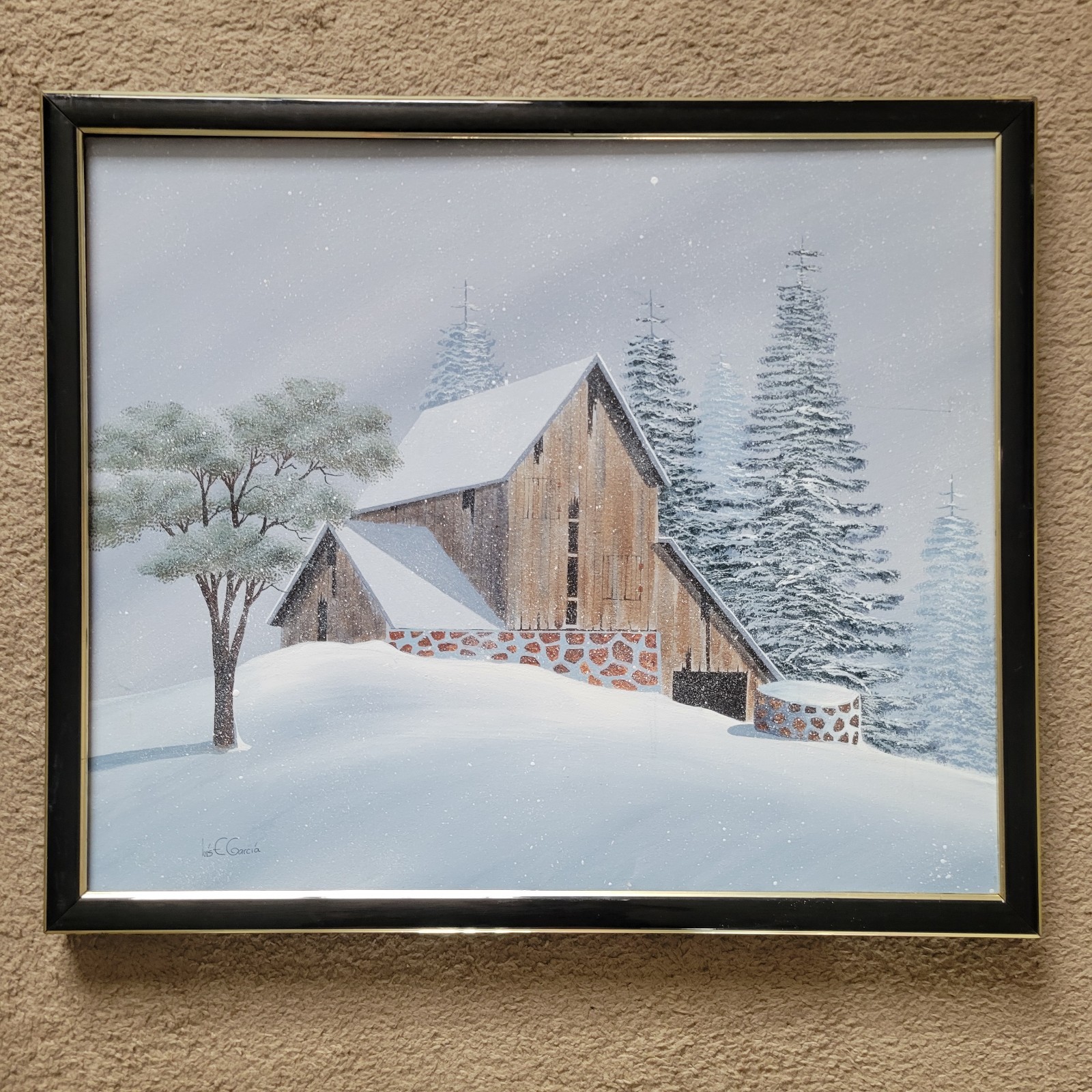 Luis E Garcia Snowy Farmhouse Painting Modernist 26x22in Framed