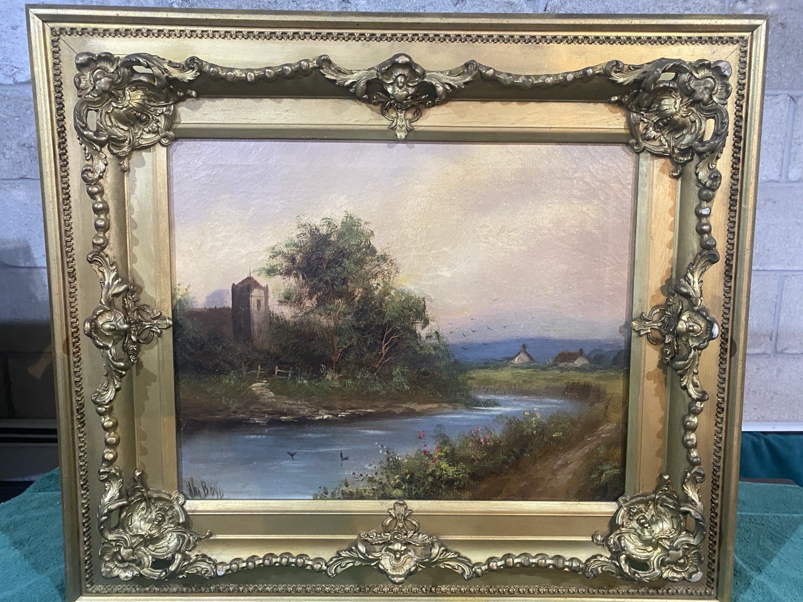 Wm. Boyd Signed Oil Painting River Cottage Ruins Realism Gold Leaf Frame Medium