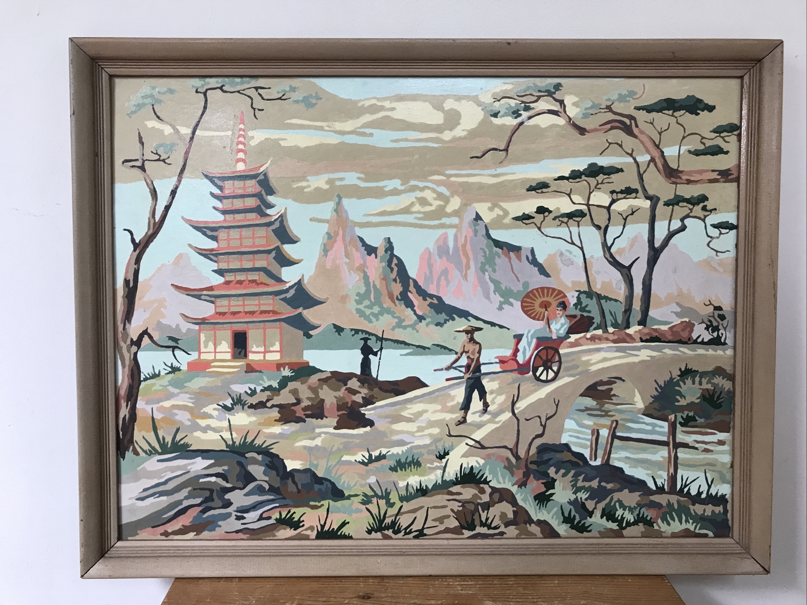 Vtg Asian Chinese Pagoda Landscape Mountain PBN Paint By Number Painting 26 x 20