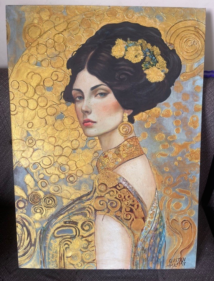 Gustav Klimt Signed Oil Painting on Canvas 20×28 in Art Nouveau .