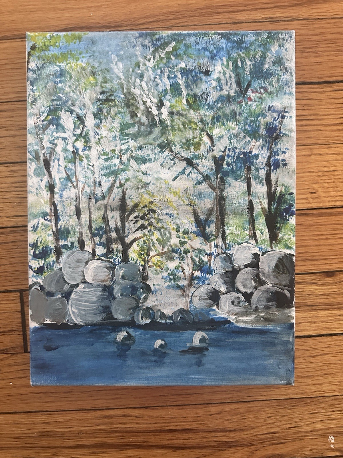 «River And Forest Landscape Scene» blue River Rocks Painting