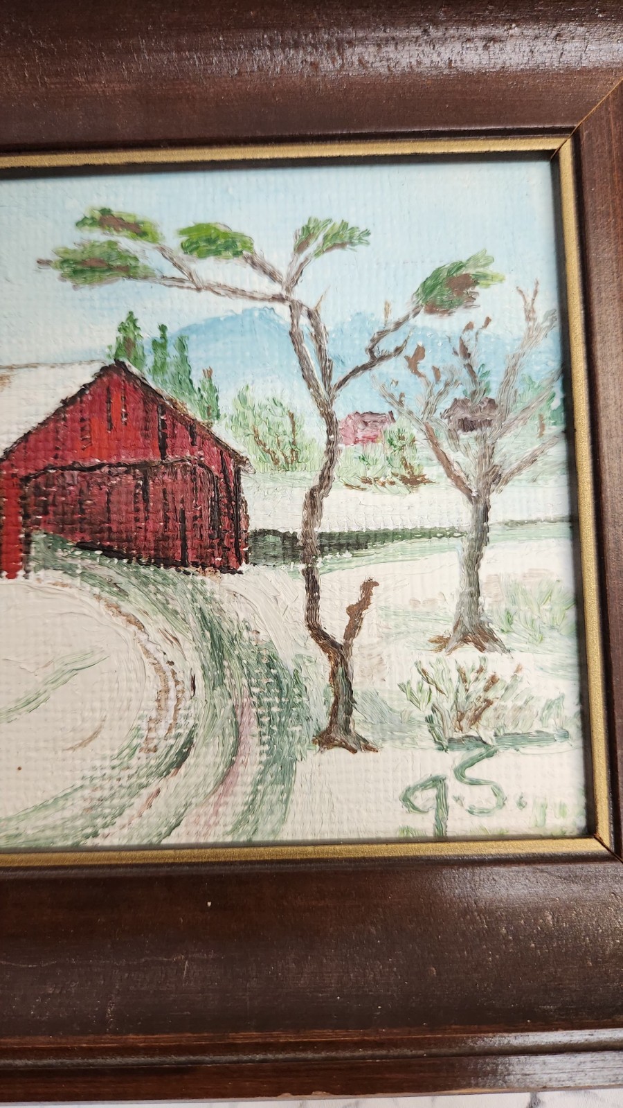 Original Artist Signed Red Barn Winter Scene Framed Picture 9″X 7″.