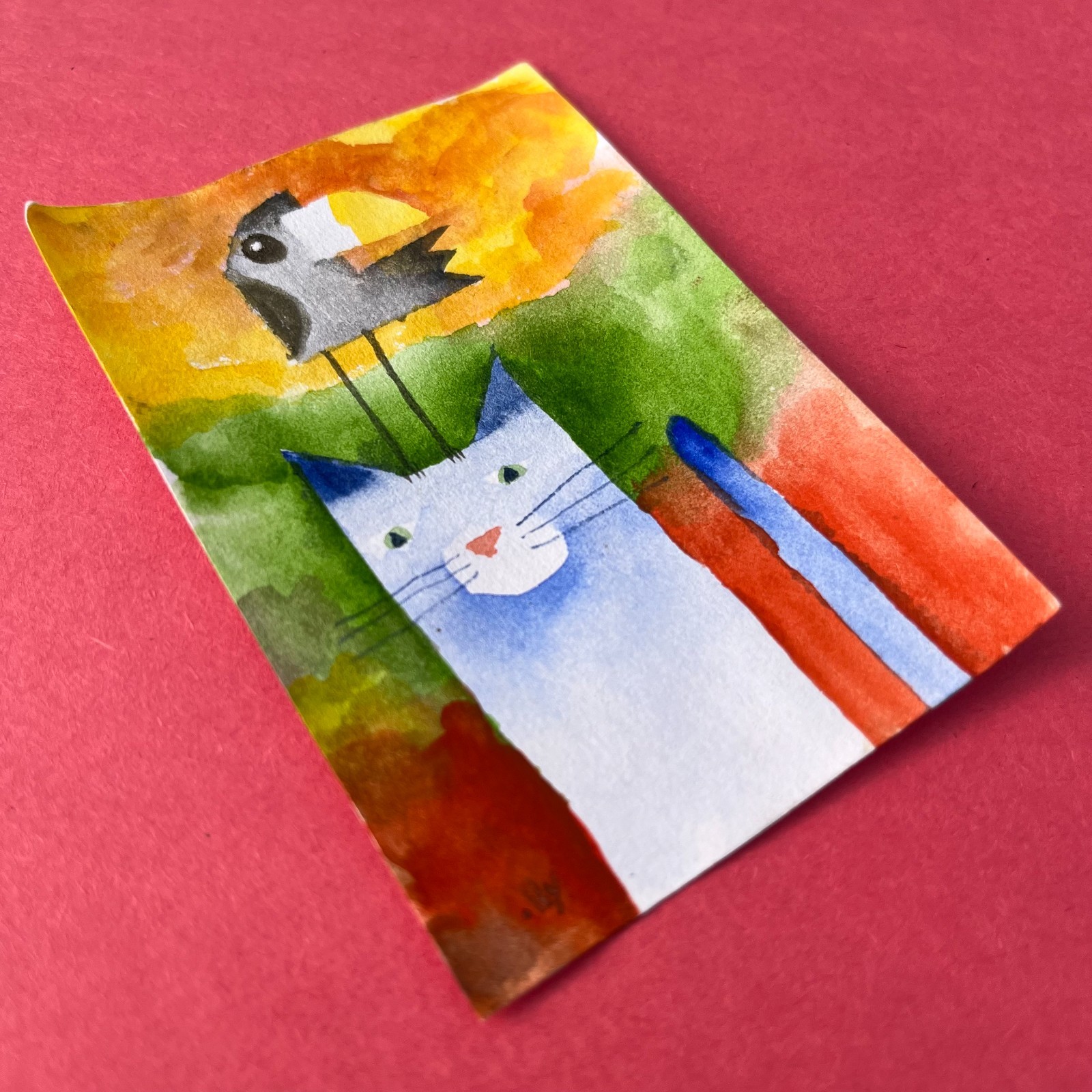 ACEO original painting art card pop surreal Watercolor Cat 90 Tim Olly acg 698