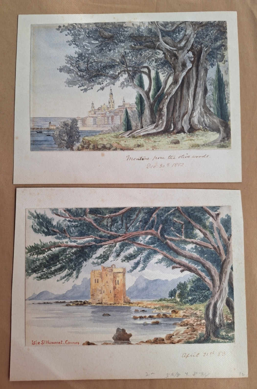 PR. ANTIQUE ORIGINAL WATERCOLOR LANDSCAPE MENTON & CANNES FRANCE Dated 1882 1883