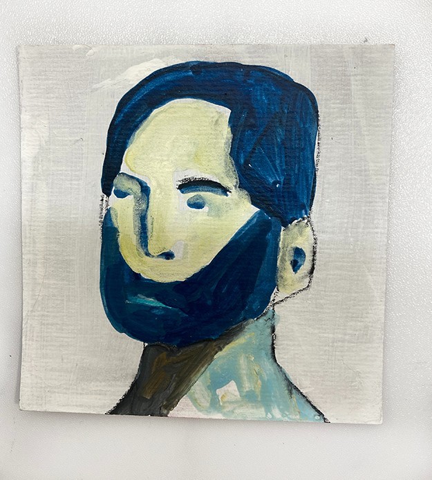 Portrait Painting Original Quirky Naive Expressive Blue Bearded Man Art