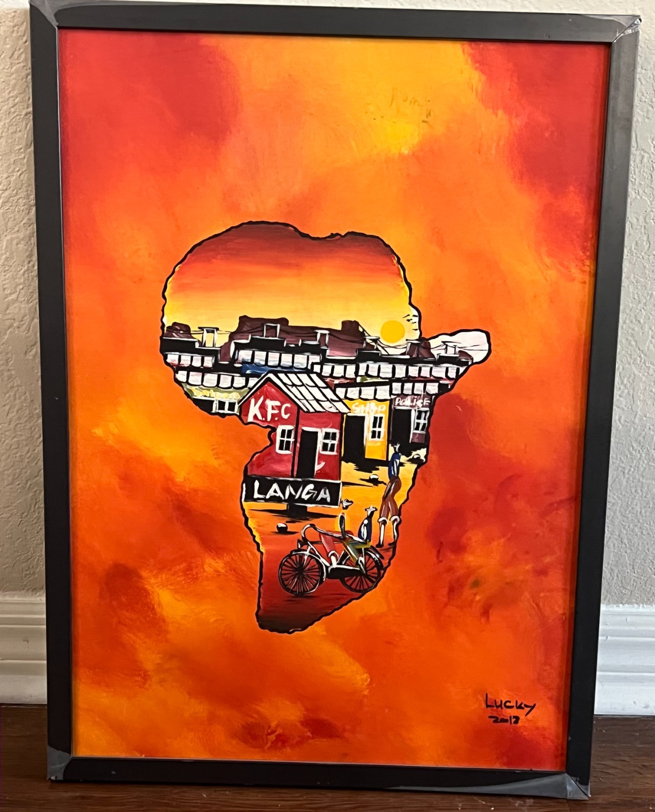 Original Framed Map of Africa signed Lucky 2018 South Africa 17.5 x 24 inches