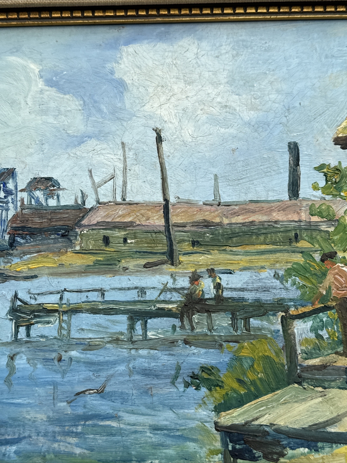 ANTIQUE PAINTING IMPRESSIONISM REGIONALISM MARINA NAUTICAL PORT BOAT DOCK OLD