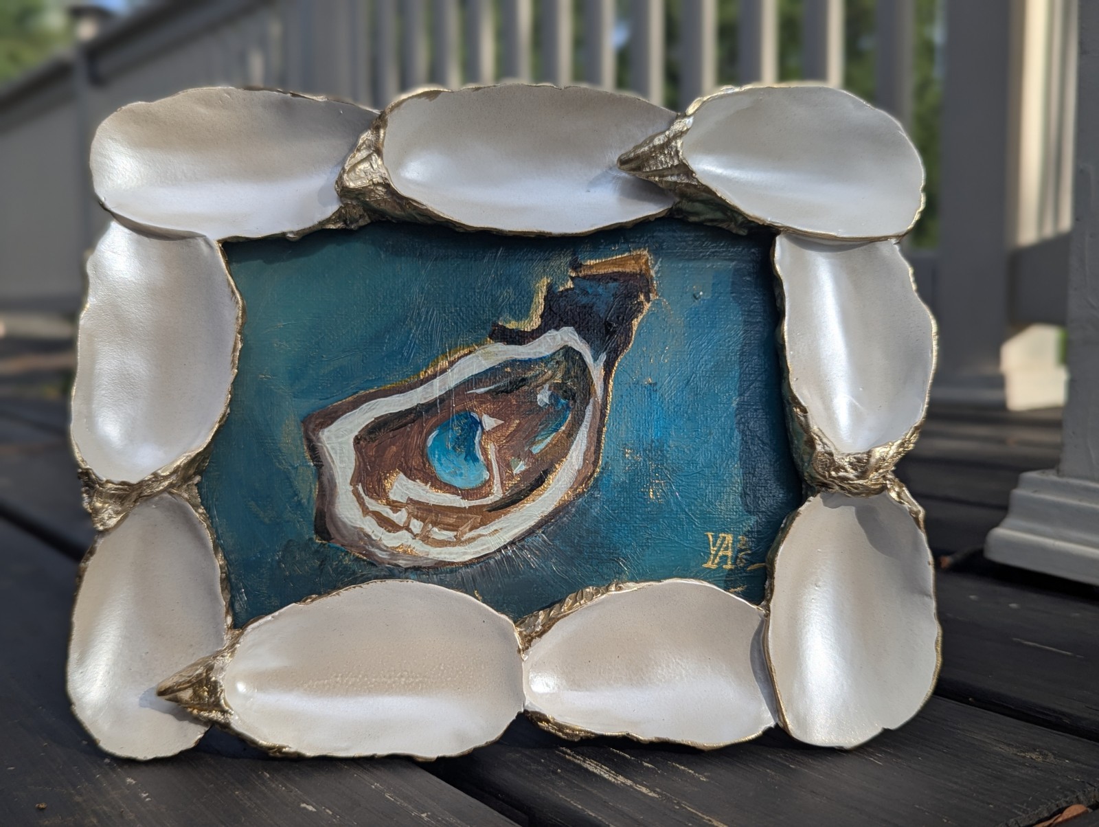 Oyster Painting Acrylic on Imitation Gold Leaf 5×7″ – Framed Shell Oyster Frame