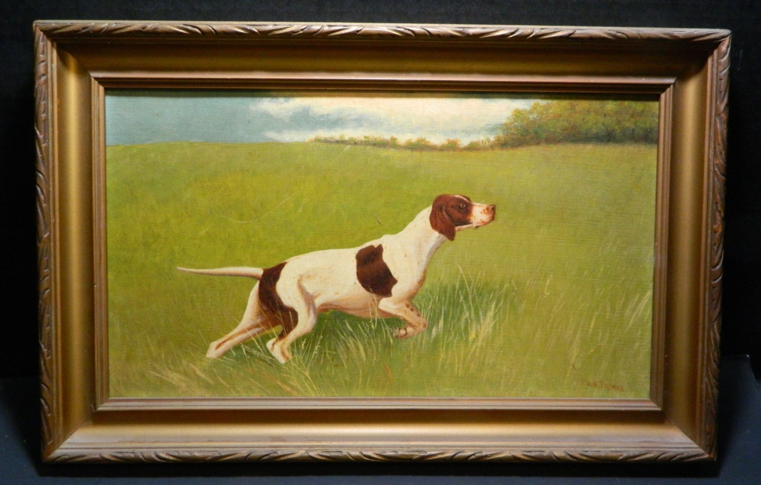 Antique Framed English Pointer Oil On Canvas Signed W.H. Thomas 16.5″ VG