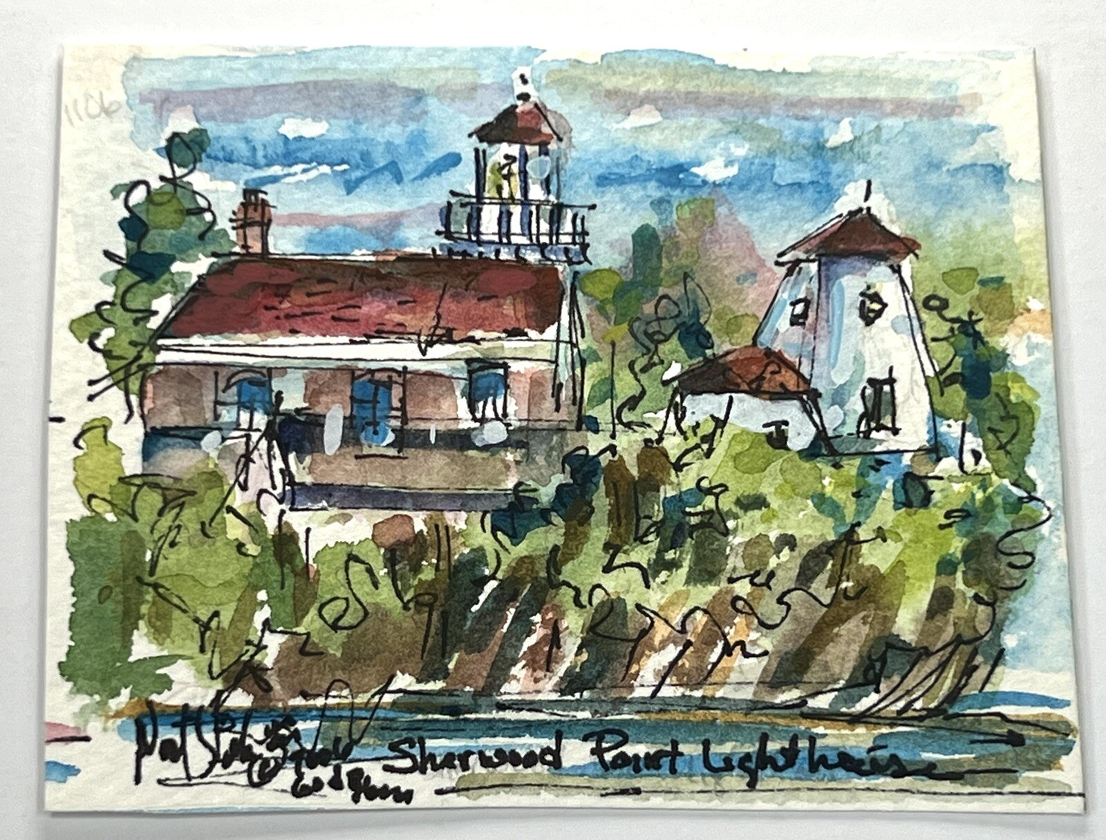 Sherwood Point Lighthouse Noel Skiba Miniature Watercolor Painting 3×4” Fine Art