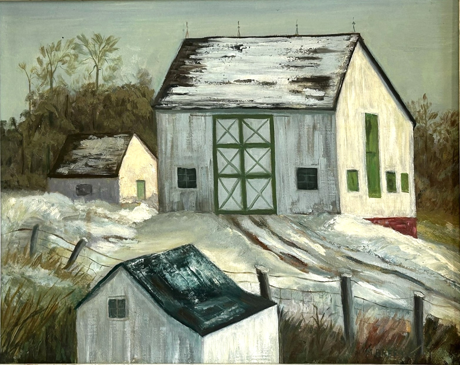 M GREEN-SIGNED-BARNS IN WINTER LANDSCAPE-OLD OIL PAINTING 25»x21» FRAMED