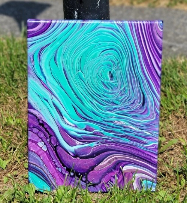 Fluid Art Painting Tree Ring 9″ X 12″, Green, Purple, Turquoise