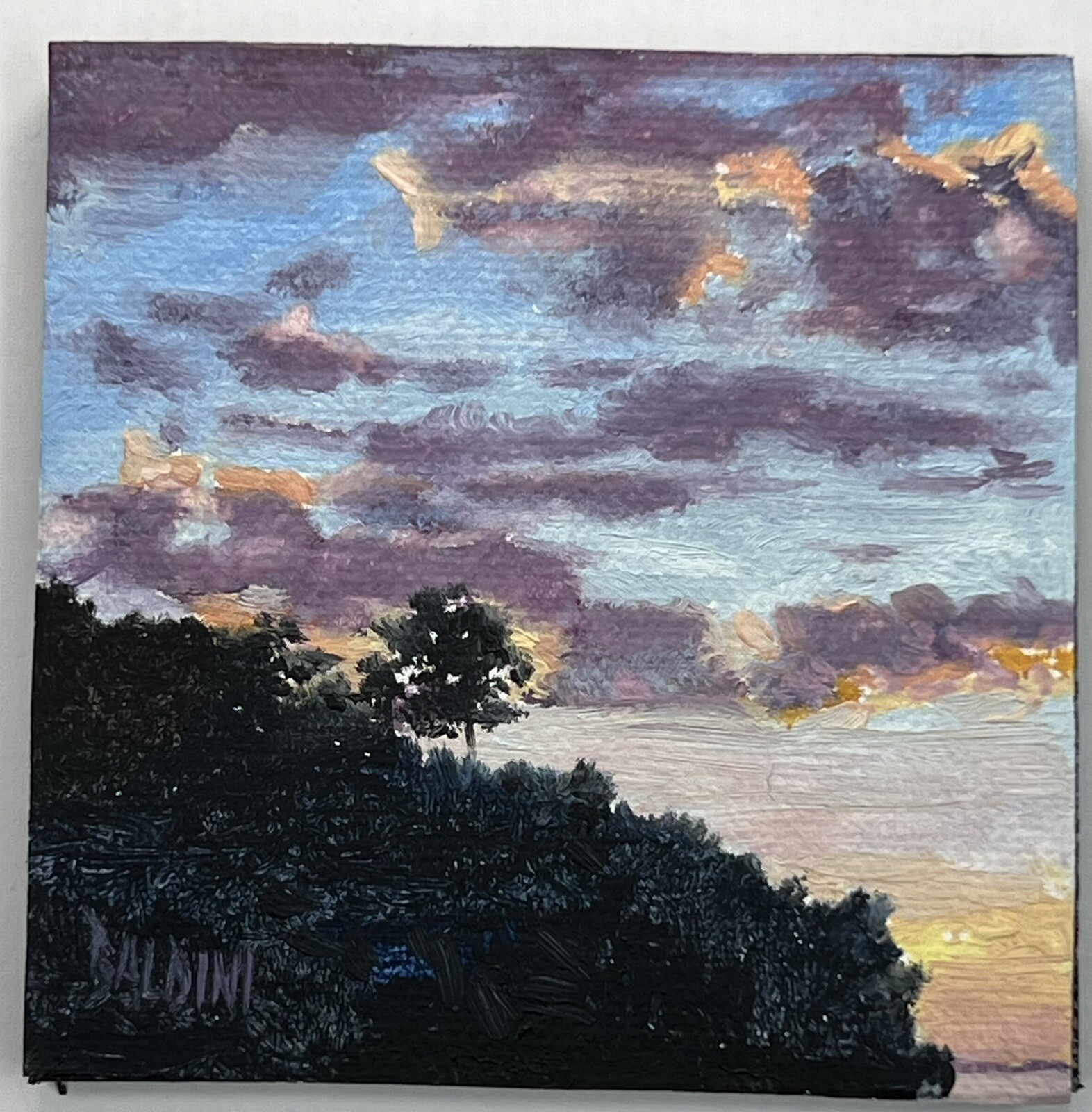 J R Baldini Oil on Canvas Plein Air Painting Sunset Dusk Colorful Clouds 3×3”