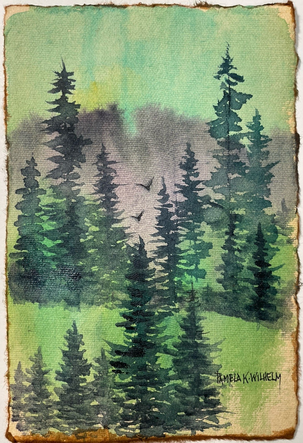 4”X6” Original Pines Watercolor On Tinted Antique-Look Paper By Pamela Wilhelm