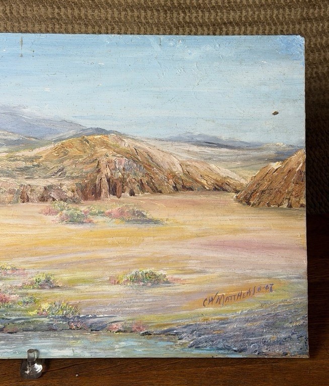 Stellar! 1960s Oil On Masonite Desert Scene Painting By C. W. Matthews 1967
