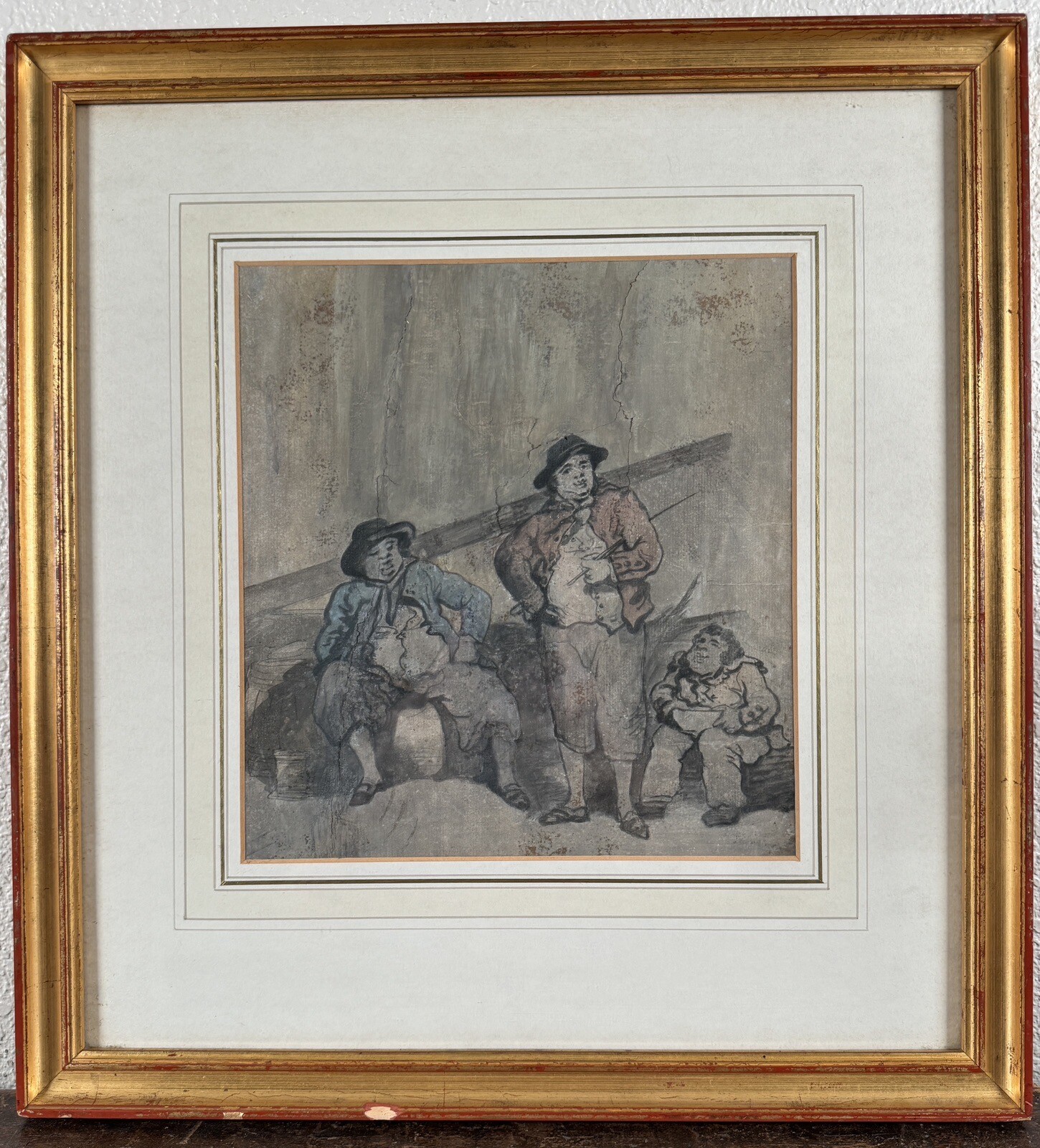 Antique Thomas Rowlandson Gouache Pastel Painting English Men Caricature 18th C.