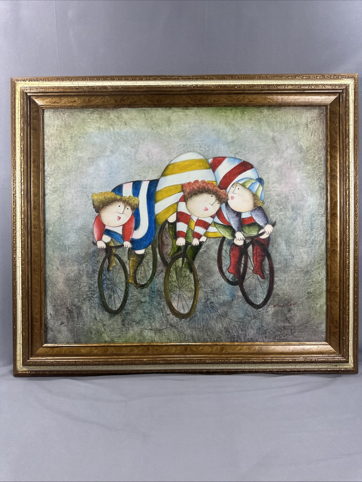 Joyce Roybal Signed Original Painting: Kids on Bicycle (Framed) 29 X 25