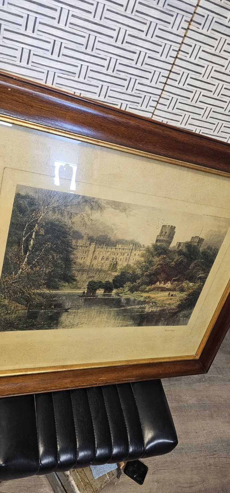 Antique Warwick Castle Etched by Darid Law Mahogany Frame London Painting/Print