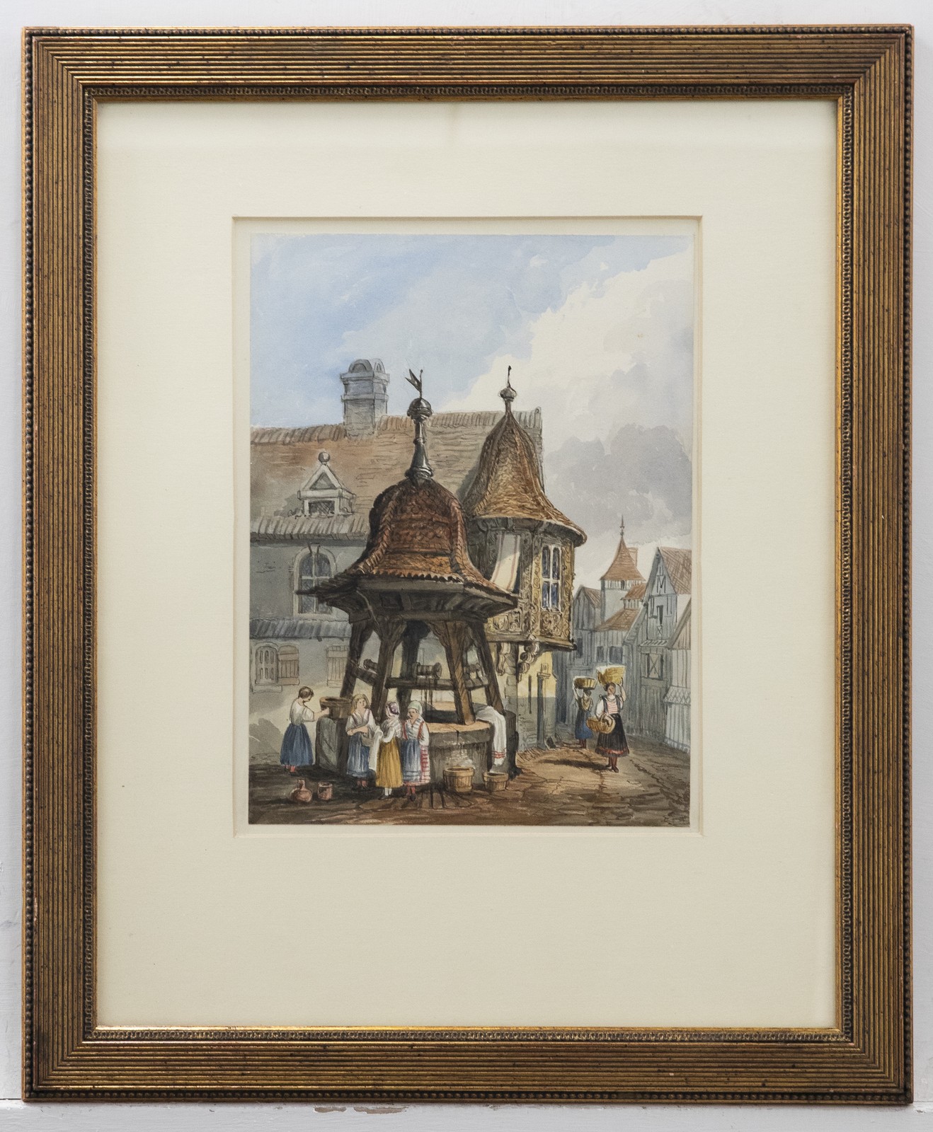 Framed 19th Century Watercolour – At The Town Well