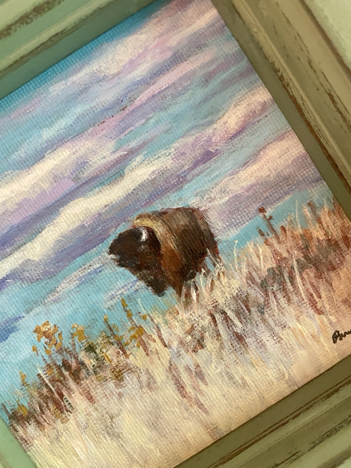 Buffalo Prairie Landscape Original Painting Framed Mini Western Art