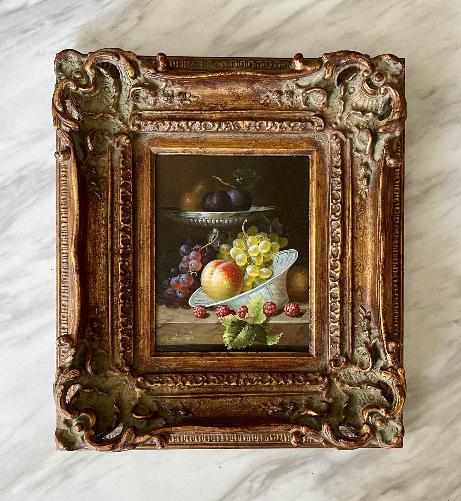 Dark Fruit Oil On Canvas 3” Chunky Baroque Style Ornate Gilt Frame 16×18” Signed