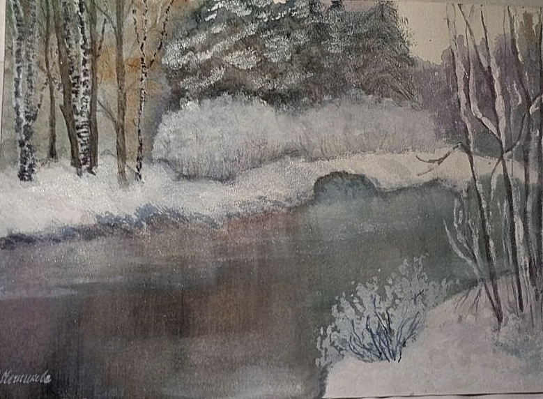 Original watercolor serene winter landscape, gray day, first snow on the river