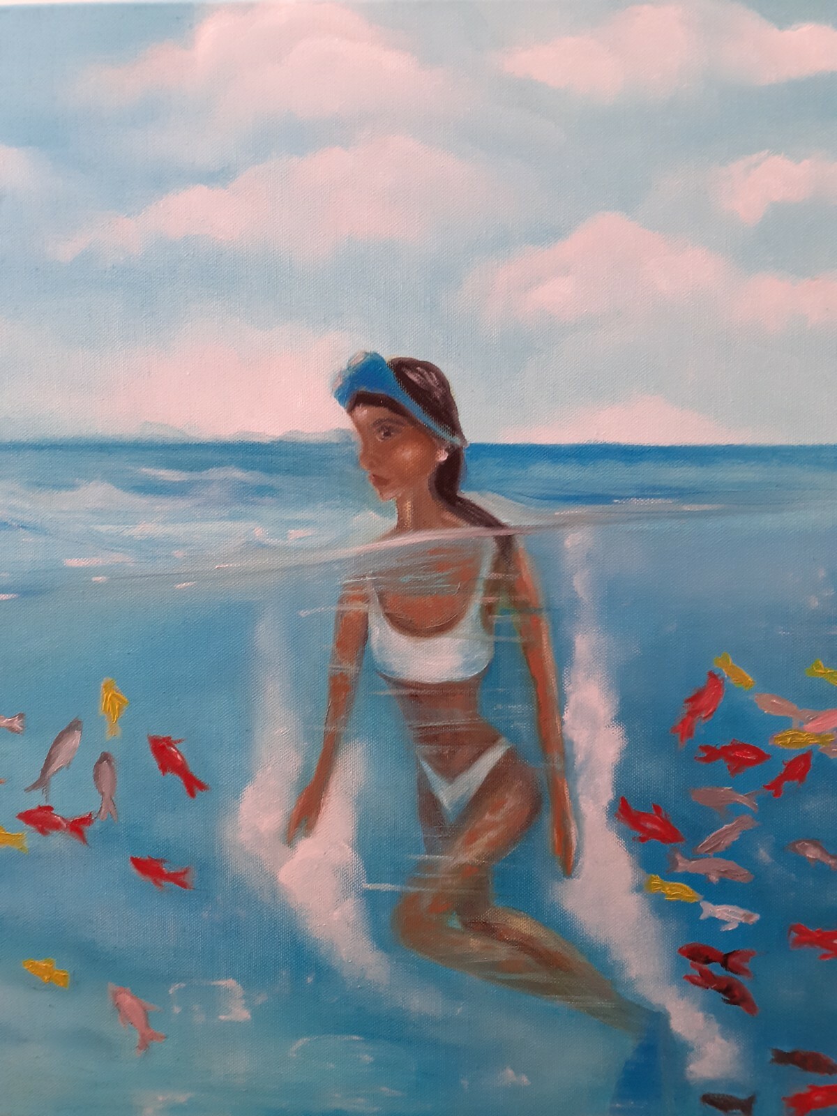 Oil painting on canvas Diver Diver Original art Phi gurative Girl in a white bat