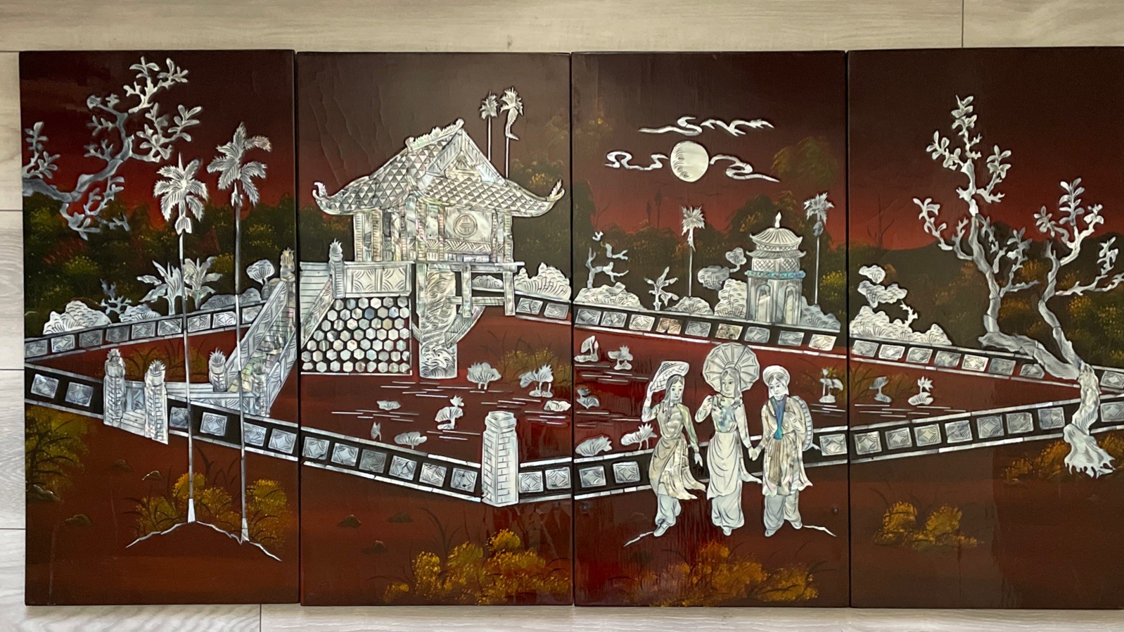 Asian Vietnamese 4 Lacquer Piece Artwork 23″HX45.6″L