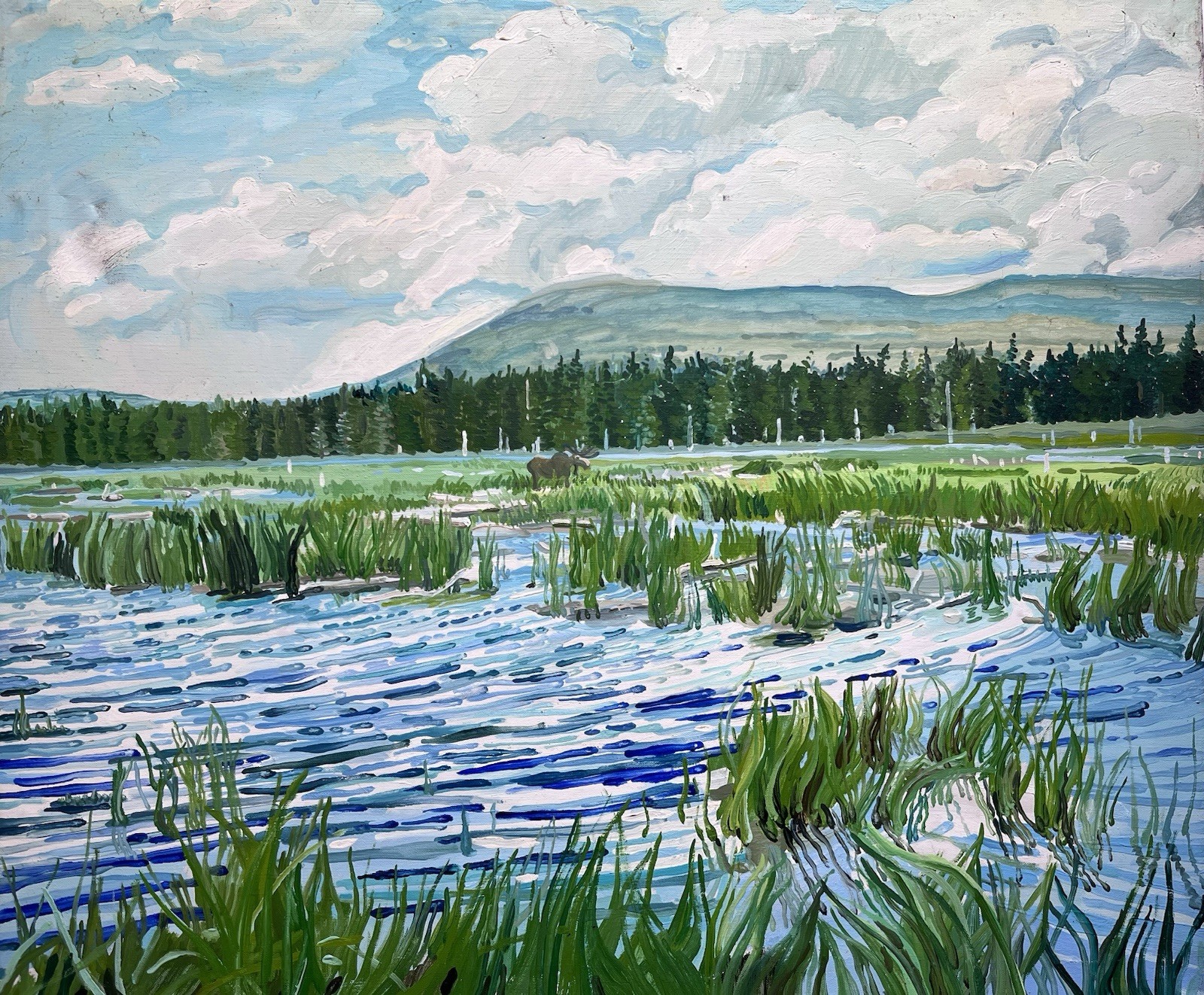 Vintage Post Impressionism Landscape Oil Painting Mountain Moose Marsh Signed