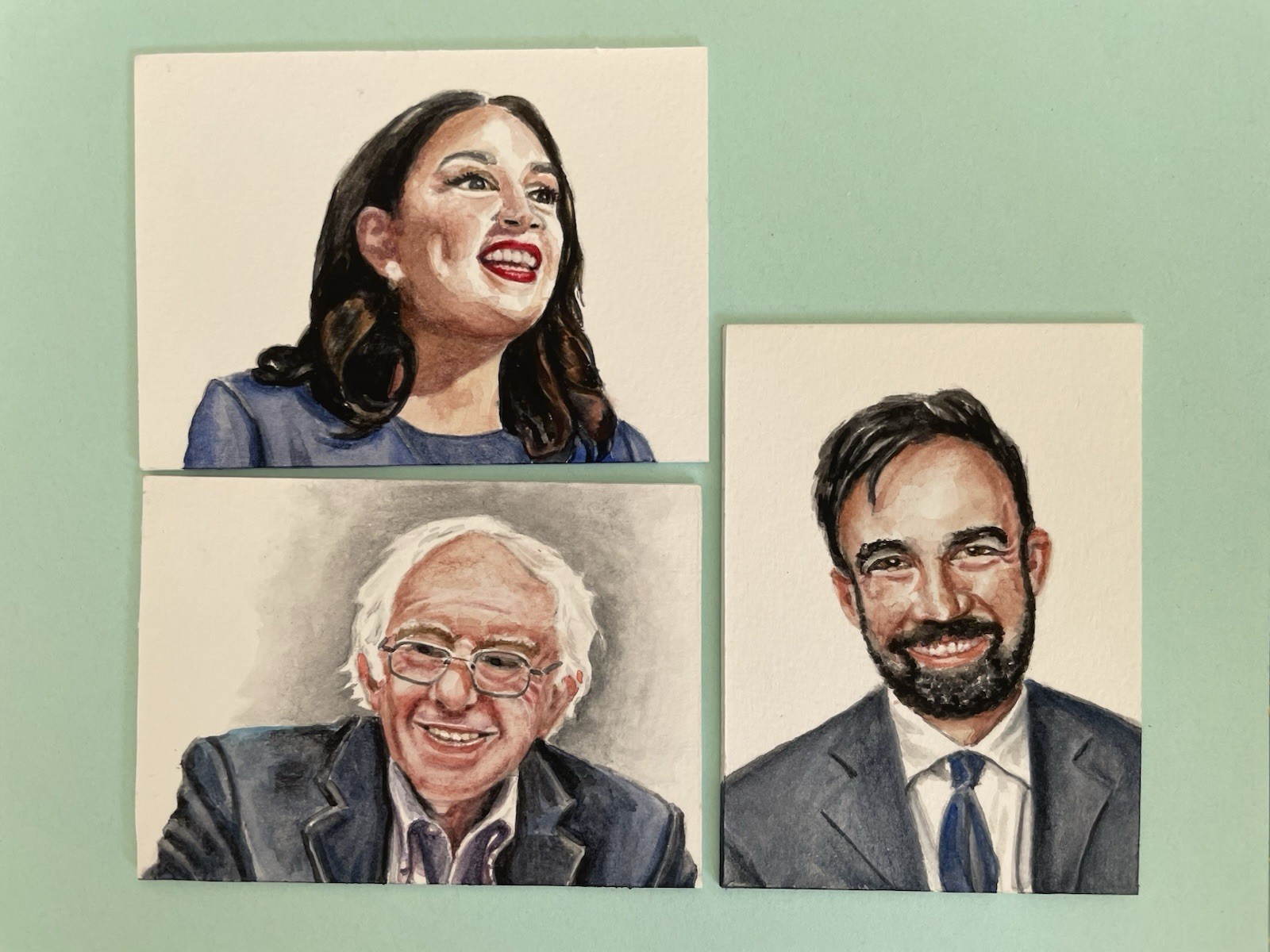 ACEO Original Watercolor Art Cards. Set Of 3! Democratic Socialist Rockstars